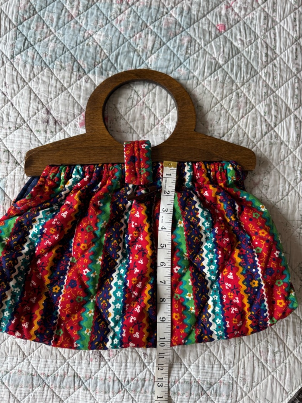 Vintage Boho Folk Print Wooden Handle Bag Cottagecore Festival Summer Purse - Picture 9 of 9